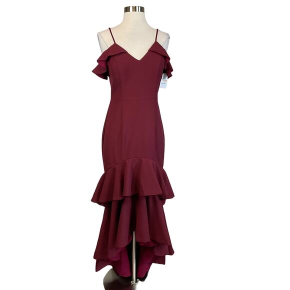 Jarlo Women's Formal Dress Size 8 Burgundy Red Ruffled High-Low Sleeveless Gown - Picture 1 of 11